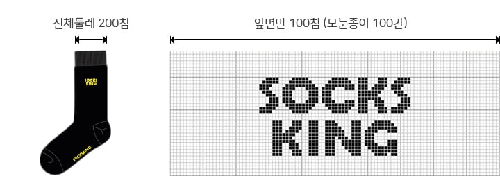 일반 양말 제작을 위한 200침 규격 도안 가이드 및 모눈종이 로고 배치 방법